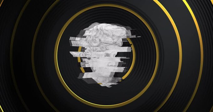 Animation of distorting male classical sculpture bust distorting over gold rings on black background