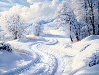 Fototapeta premium Serene winter landscape with snow-covered trees and winding path.