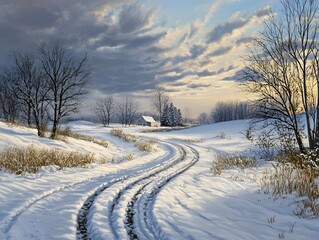 Obraz premium Serene winter landscape with snowy path and distant house.