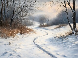 Serene winter landscape with a winding snow-covered path.