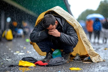 Homelessness in the rain shown by a person huddling under a thin tarp while the rain pours down, soaking their belongings