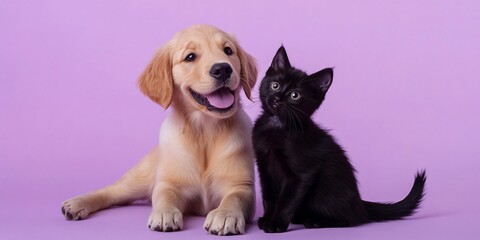 A golden retriever puppy lays down with a black kitten sitting beside it on a purple background.