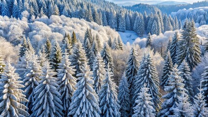 Fresh snowfall on trees and forests in Swiss Jura Mountains