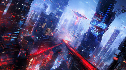 Abstract digital cityscape. Flowing lines, holograms. Futuristic tech. Blurred foreground. Red path for progress.