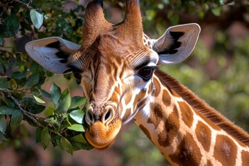 Obraz premium Hyper-realistic image of a giraffe eating leaves from a tree, with every leaf and spot on the giraffe rendered in vivid detail, representing the natural behavior of giraffes in the conservation
