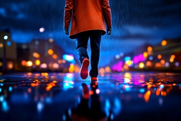 Fototapeta premium Hyper-realistic scene of a person walking through a rainy street, reflecting on yesterdayâ€™s events with water droplets on their coat and soft reflections on the pavement