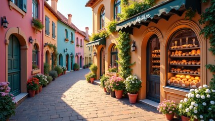 Colorful European Bakery Street with Fresh Bread