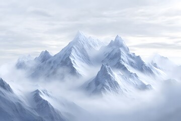 Obraz premium Snow-covered mountains shrouded in mist under a cloudy sky.