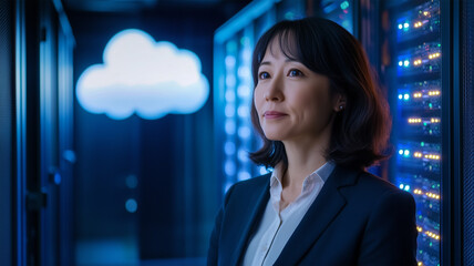 クラウドサーバーを見つめるビジネスウーマン
