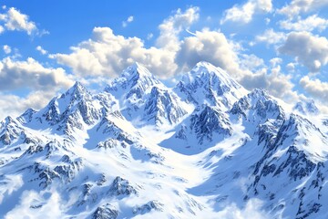 Obraz premium Snow-capped mountains under a bright blue sky with fluffy clouds.