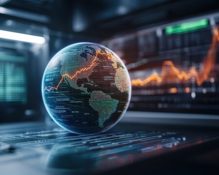 Digital globe on a keyboard with fluctuating data graphs in the background.