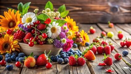 Fresh summer flowers and berries on a wooden table