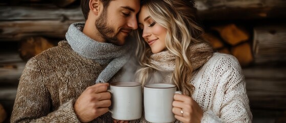 A cozy couple enjoys warm drinks by the fireplace, radiating love and warmth in a rustic setting.