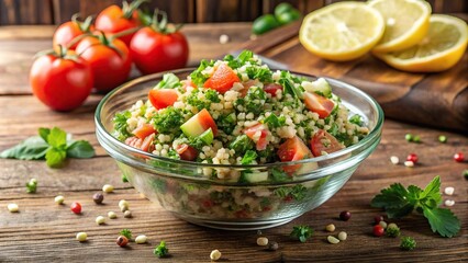 Fresh tabbouleh salad in a glass bowl with diced tomatoes cucumber parsley and mint leaves