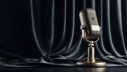 vintage microphone and black curtain, podcast backdrop with copy space