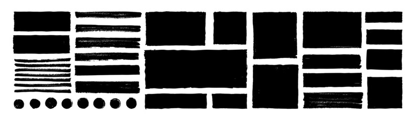 Black vector rough edge rectangles. Grunge square frames set. Jagged edge torn paper background collection. Paint brush strokes. Hand-drawn ripped papers for collage. Grungy distressed text boxes