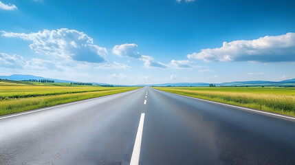 Fototapeta premium highway in the grassland background of blue sky and bright clouds, long road stretches into the distance. empty street on a beautiful sunny day