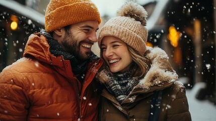 Joyful couple enjoying snow in a winter wonderland, showcasing love and warmth amidst beautiful seasonal scenery.
