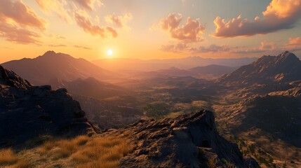 Fototapeta premium Scenic sunset over mountains and valleys, showcasing natural beauty.