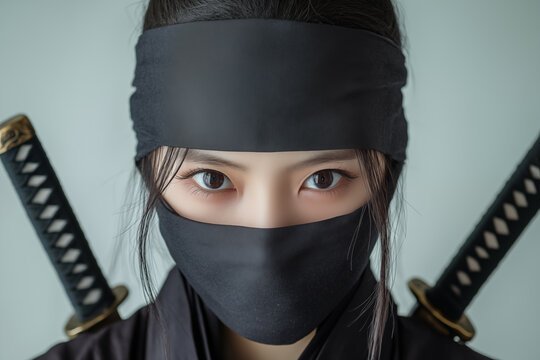 close-up portrait of female ninja with intense eyes and katana