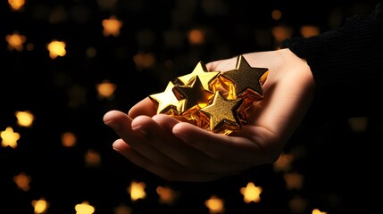 A hand gesture holding five golden star awards, representing success in business or the recognition of personal talent