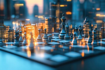 Obraz premium Cityscape Chessboard with Illuminated Skyscrapers