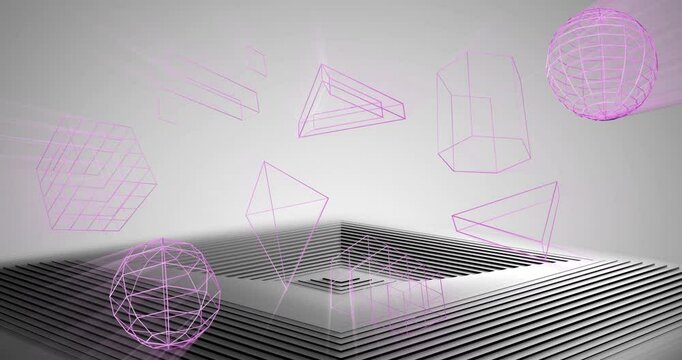 Animation of 3d geometric shapes over black and grey pyramid of concentric lines on grey background