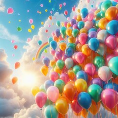A vibrant display of colorful balloons floating against a sunny sky, perfect for celebrations, events, or cheerful designs. Ideal for birthday, festival, or party themes.