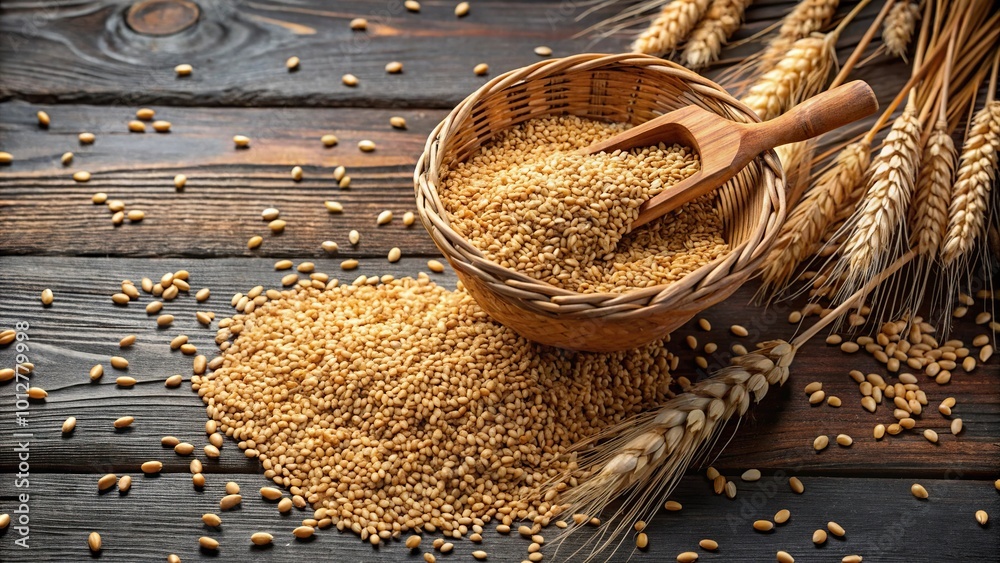 Wall mural fresh wheat pouring from a basket preparing for grinding aerial