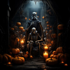 dark halloween scene with skeletons and pumpkins, photorealistic, --ar 1:1 --stylize 250 --v 5.2 Job ID: 30328f0b-ad05-4487-a935-39f62a7b1759