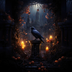 Mysterious Raven Perched Amidst Lighted Candles at Gothic Setting