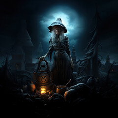 Mysterious Witch in Dark Forest Under Moonlight