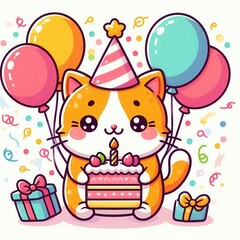 Obraz premium Cute cartoon cat celebrating a birthday with balloons, a party hat, and a cake. Perfect for children’s invitations, party decorations, and festive graphics.