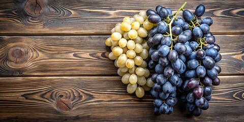Naklejka premium Fresh white and dark blue grapes on wooden board