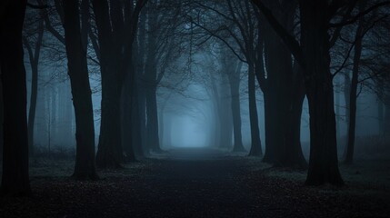 A misty forest path shrouded in fog, surrounded by tall, dark trees creating an eerie, mysterious atmosphere.
