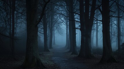 A misty forest path shrouded in fog, surrounded by tall, dark trees creating an eerie, mysterious atmosphere.