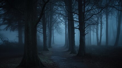 A misty forest path shrouded in fog, surrounded by tall, dark trees creating an eerie, mysterious atmosphere.