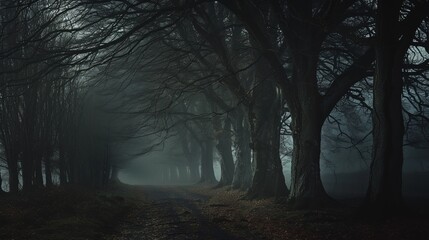 A fog-shrouded forest path lined with dark, twisted trees, creating a mysterious and eerie atmosphere under the dim, muted light.