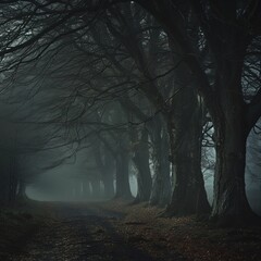 A fog-shrouded forest path lined with dark, twisted trees, creating a mysterious and eerie atmosphere under the dim, muted light.