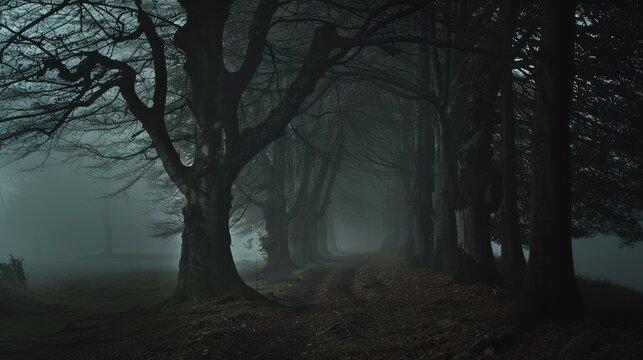 A fog-shrouded forest path lined with dark, twisted trees, creating a mysterious and eerie atmosphere under the dim, muted light.