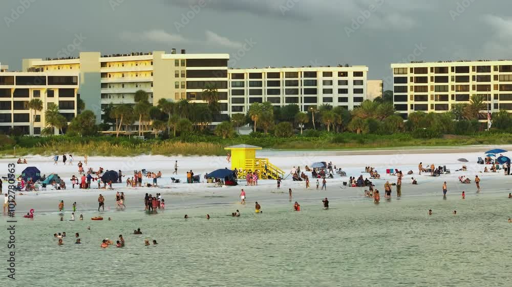 Canvas Prints Aerial seascape with Siesta Key sandy beach in Sarasota, USA. Many tourists enjoying summer vacation time swimming in warm Mexico gulf water and sunbathing on hot Florida sun