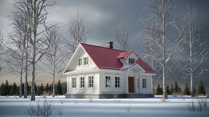a beautiful house with a traditional design, featuring a red roof and white walls. It has three dormer windows on the upper floor, which are prominent features of the roof
