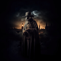 Mysterious Plague Doctor in Foggy Historical Cityscape