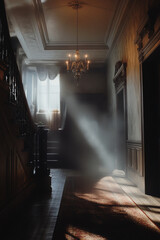 Elegant Sunlit Hallway Featuring Vintage Chandelier and Wooden Staircase