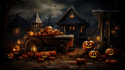 Spooky Halloween Night with Glowing Jack-O'-Lanterns in Village