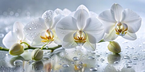 Plakat Fresh white orchids with water droplets reflecting closeup