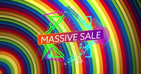 Animation of massive sale text and abstract shapes over rainbow coloured radial stripes - Powered by Adobe