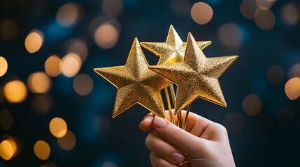 A hand holds five golden star awards, symbolizing achievement and recognition in business or personal talent, capturing a celebratory mood