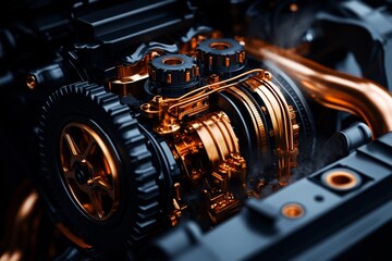 Fototapeta premium Steampunk engine with exposed cogs and pistons, steam flowing through copper pipes as it powers a large machine
