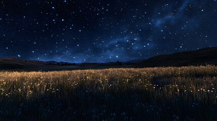 Naklejka premium Serene night sky over a field with twinkling stars.